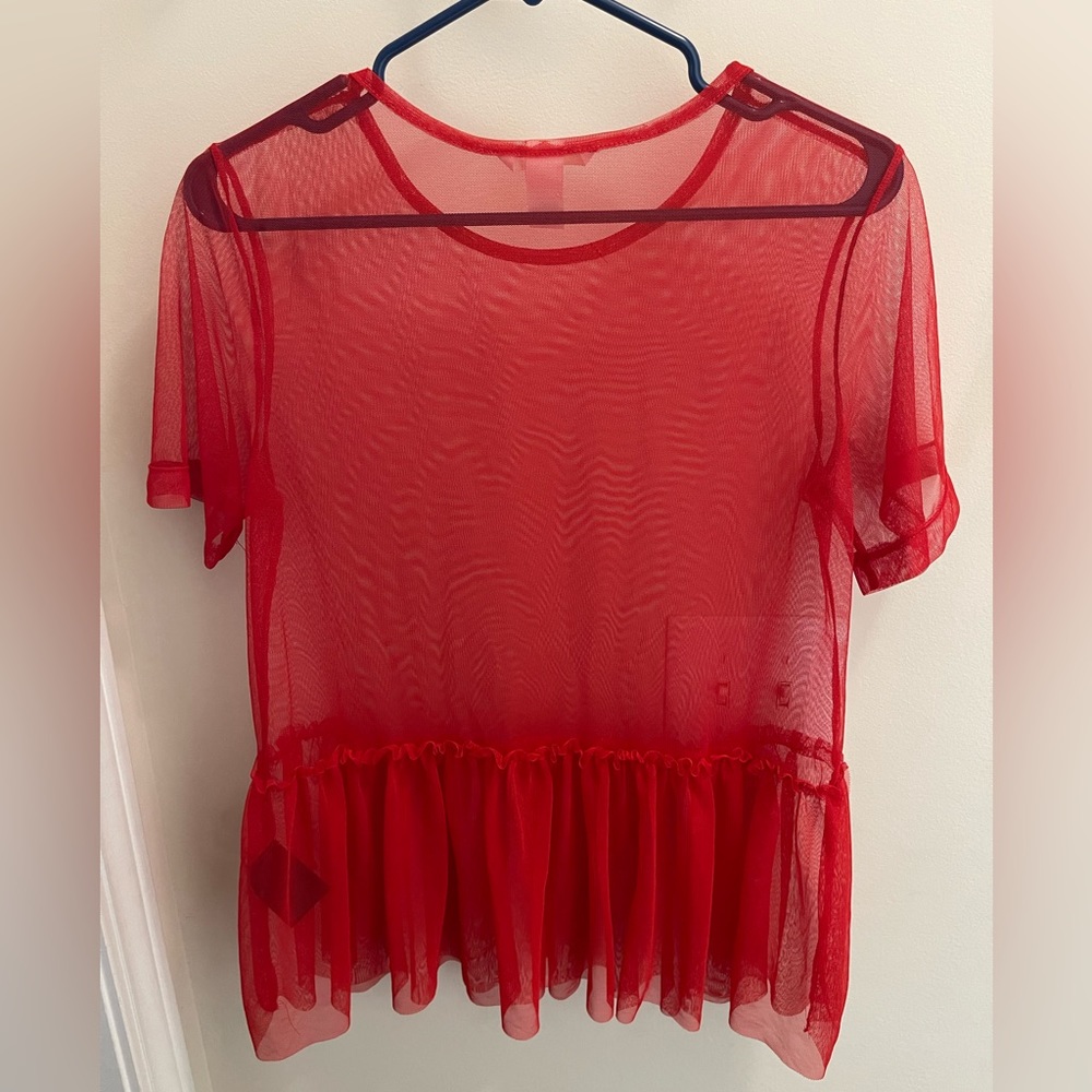 Red Sheer Mesh Ruffle-Hem Tee - Picture 3 of 6